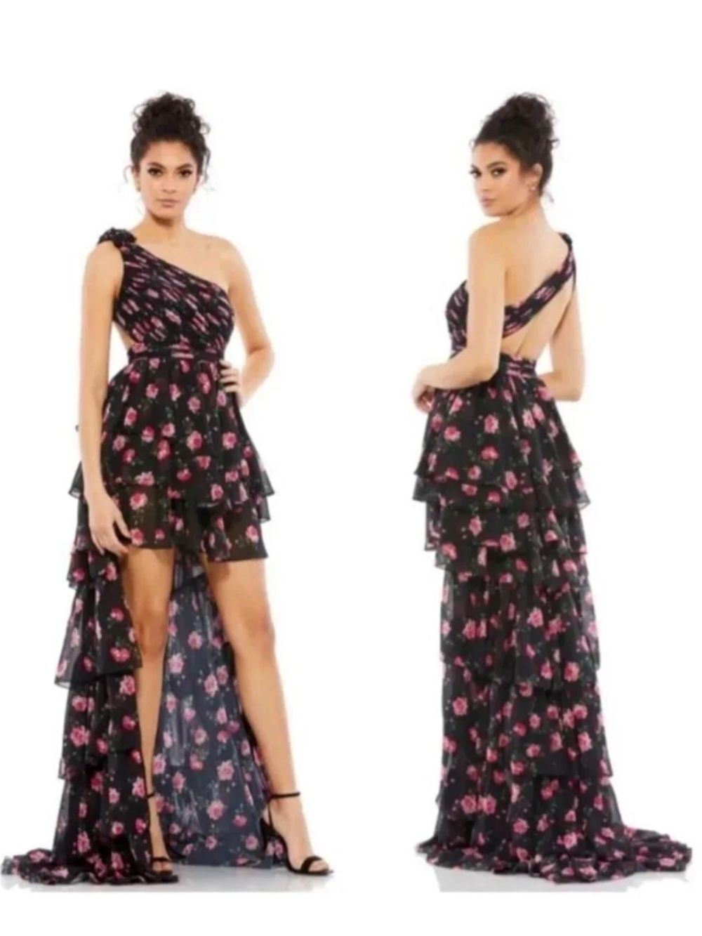 New Mac Duggal One Shoulder Floral
Ruffle Gown Black Pink Size 0 
Chiffon